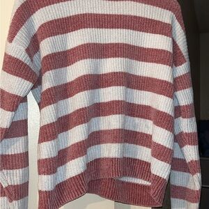 Red and White Crew Neck Striped Sweater
